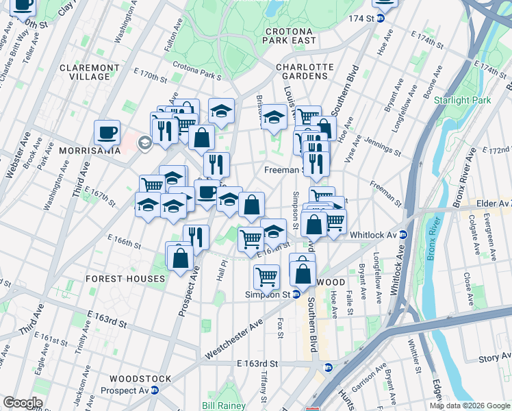 map of restaurants, bars, coffee shops, grocery stores, and more near 890 East 169th Street in Bronx