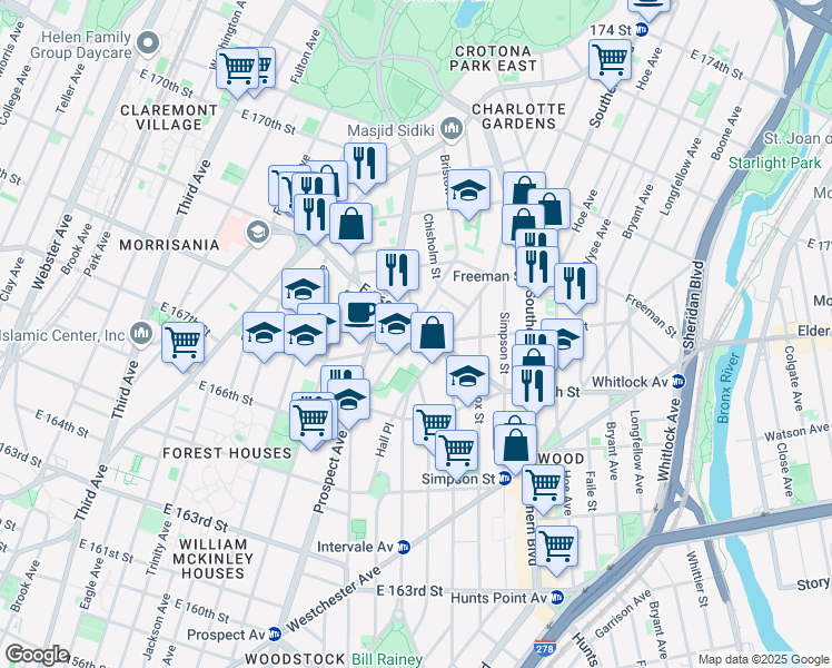 map of restaurants, bars, coffee shops, grocery stores, and more near 890 East 169th Street in Bronx
