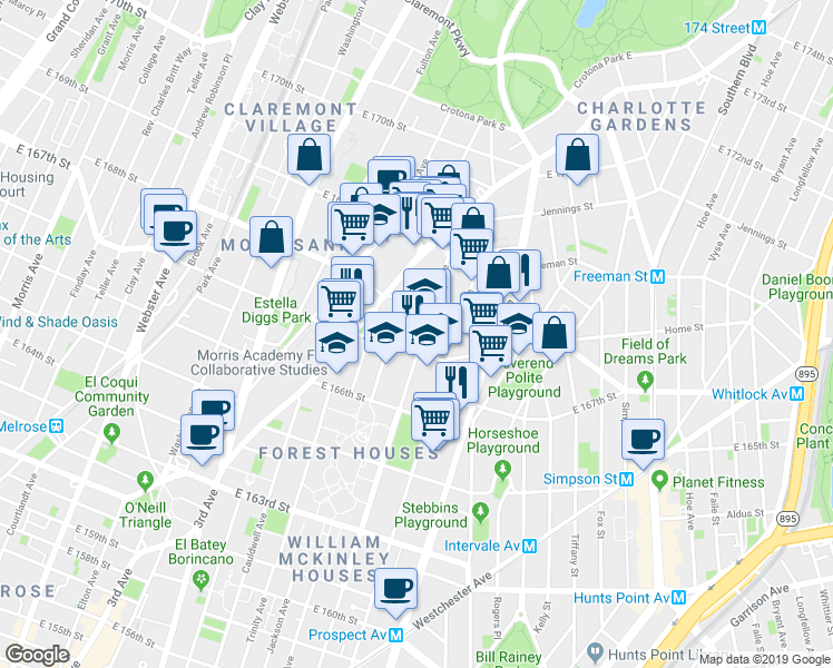 map of restaurants, bars, coffee shops, grocery stores, and more near 1180 Tinton Avenue in Bronx