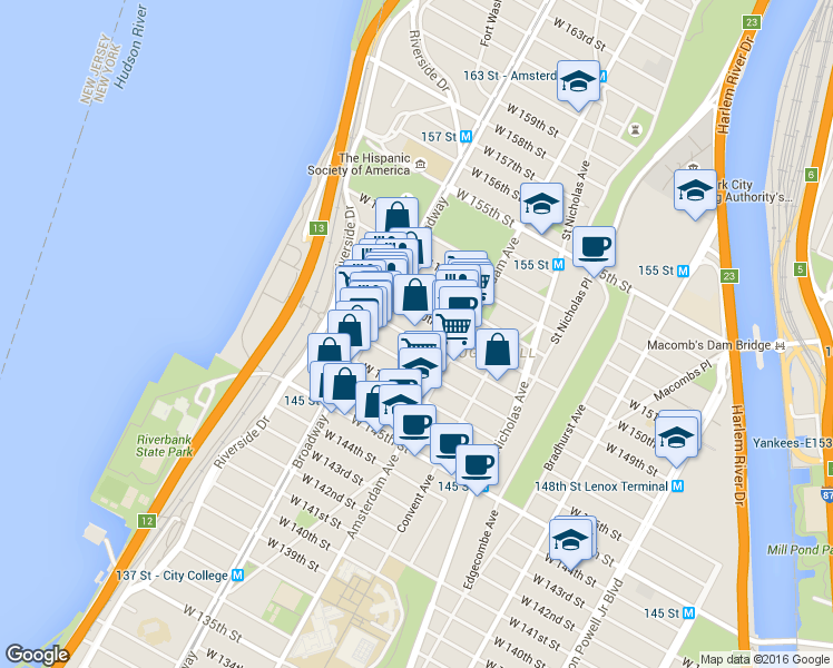 map of restaurants, bars, coffee shops, grocery stores, and more near 531 West 149th Street in New York