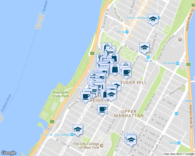 map of restaurants, bars, coffee shops, grocery stores, and more near 618 West 148th Street in New York