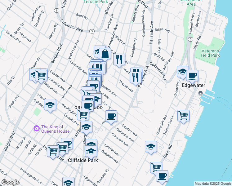 map of restaurants, bars, coffee shops, grocery stores, and more near 246 Franklin Avenue in Cliffside Park