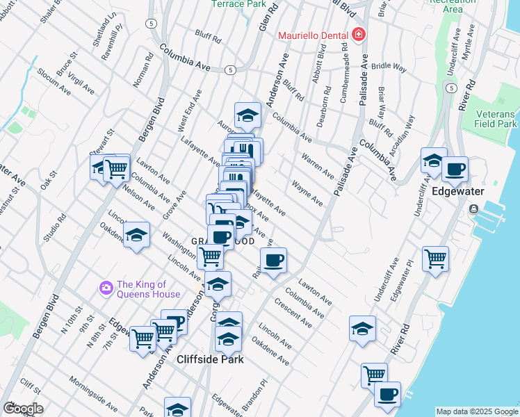map of restaurants, bars, coffee shops, grocery stores, and more near 272 Lafayette Avenue in Cliffside Park
