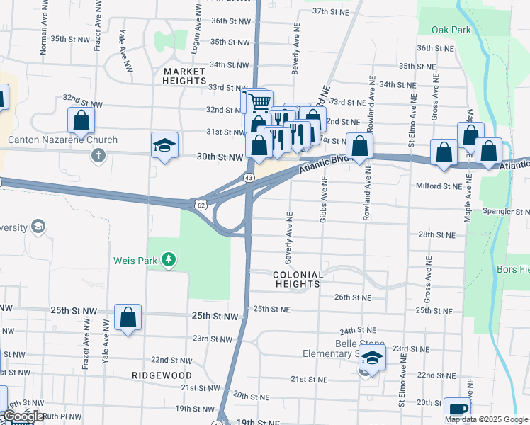 map of restaurants, bars, coffee shops, grocery stores, and more near 2904 Market Avenue North in Canton