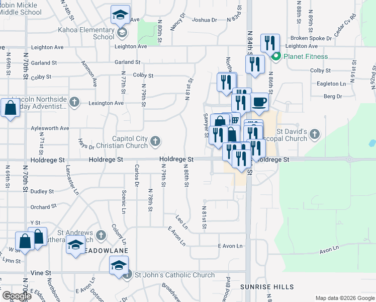 map of restaurants, bars, coffee shops, grocery stores, and more near 1511 Sawyer Court in Lincoln