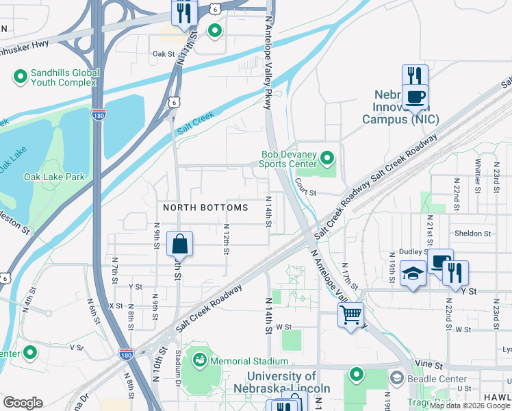 map of restaurants, bars, coffee shops, grocery stores, and more near 1321 Court Street in Lincoln