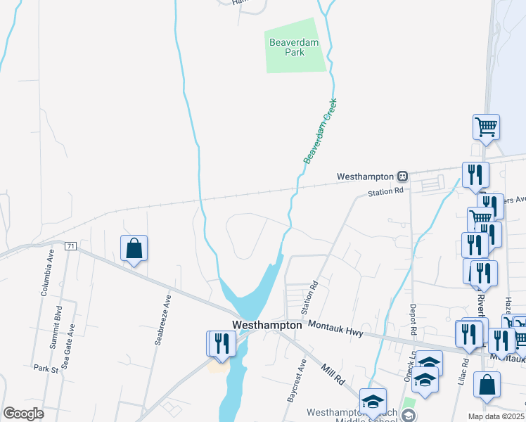 map of restaurants, bars, coffee shops, grocery stores, and more near 26 Lakeside Lane in Westhampton