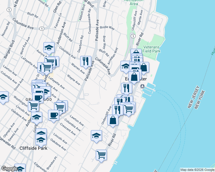 map of restaurants, bars, coffee shops, grocery stores, and more near 23 Victoria Place West in Fort Lee