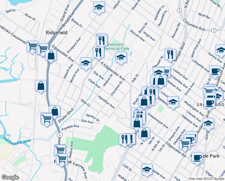 map of restaurants, bars, coffee shops, grocery stores, and more near 455 Chestnut Street in Ridgefield