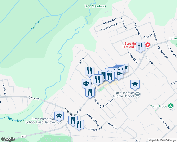 map of restaurants, bars, coffee shops, grocery stores, and more near 42 Petry Drive in East Hanover