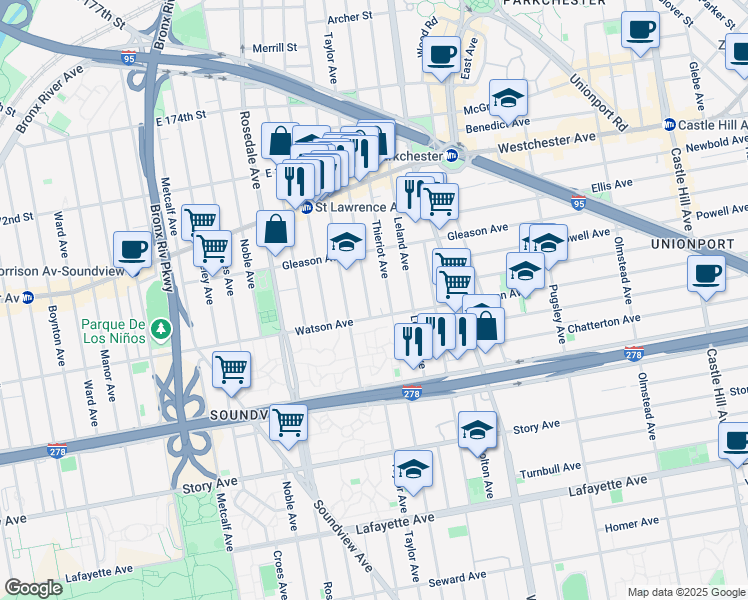 map of restaurants, bars, coffee shops, grocery stores, and more near 1118 Taylor Avenue in Bronx