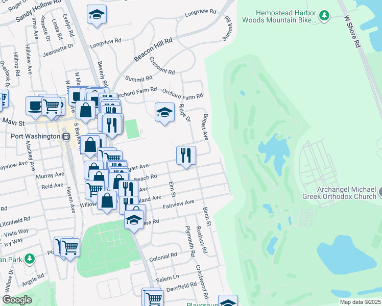 map of restaurants, bars, coffee shops, grocery stores, and more near 37 Bogart Avenue in Port Washington