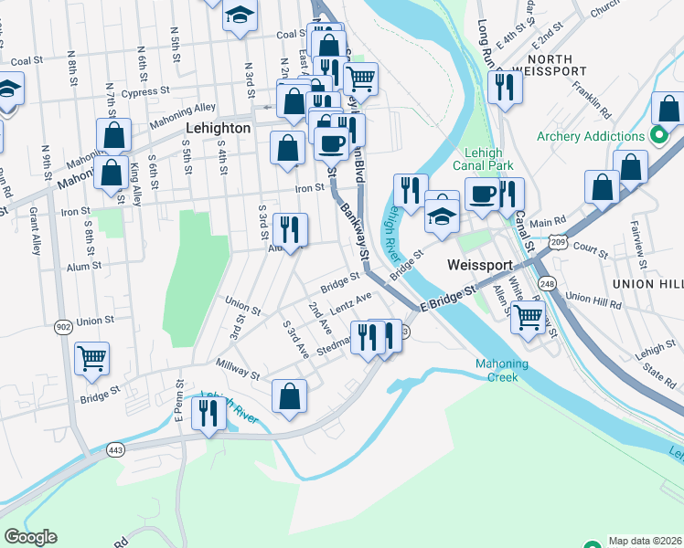 map of restaurants, bars, coffee shops, grocery stores, and more near 108 Bridge Street in Weissport
