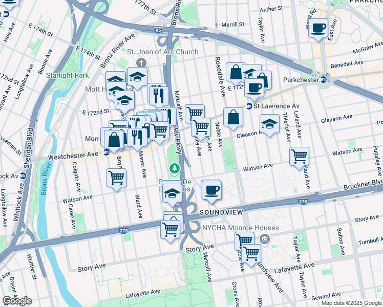 map of restaurants, bars, coffee shops, grocery stores, and more near 1140 Metcalf Avenue in Bronx