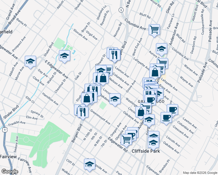 map of restaurants, bars, coffee shops, grocery stores, and more near 498 Washington Avenue in Ridgefield