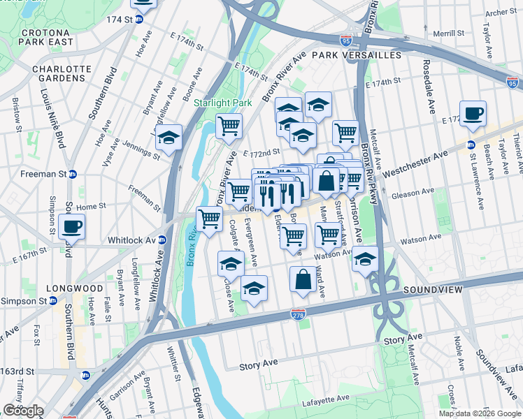 map of restaurants, bars, coffee shops, grocery stores, and more near Westchester Ave & Wheeler Ave in Bronx