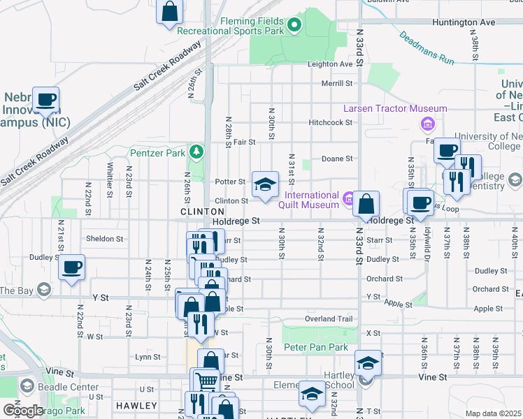 map of restaurants, bars, coffee shops, grocery stores, and more near 1520 North 29th Street in Lincoln