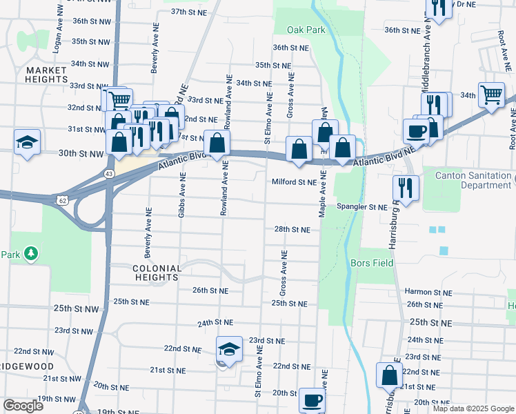 map of restaurants, bars, coffee shops, grocery stores, and more near 1422 Spangler Street Northeast in Canton