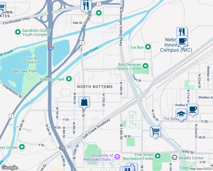 map of restaurants, bars, coffee shops, grocery stores, and more near 1509 North 13th Street in Lincoln