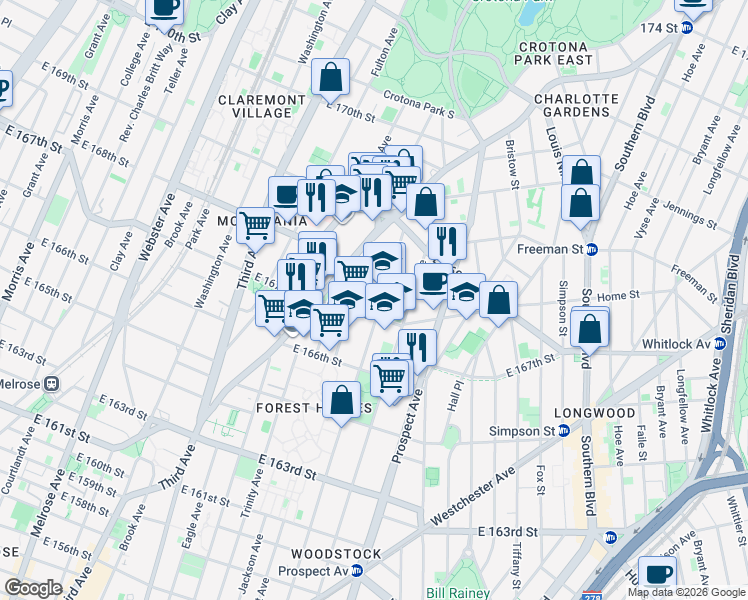 map of restaurants, bars, coffee shops, grocery stores, and more near 1173 Tinton Avenue in Bronx