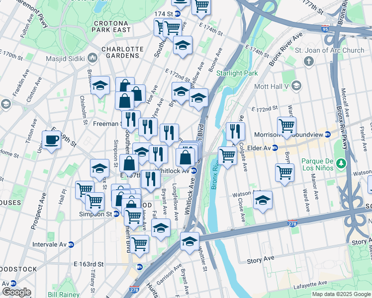 map of restaurants, bars, coffee shops, grocery stores, and more near 1028 Freeman Street in Bronx