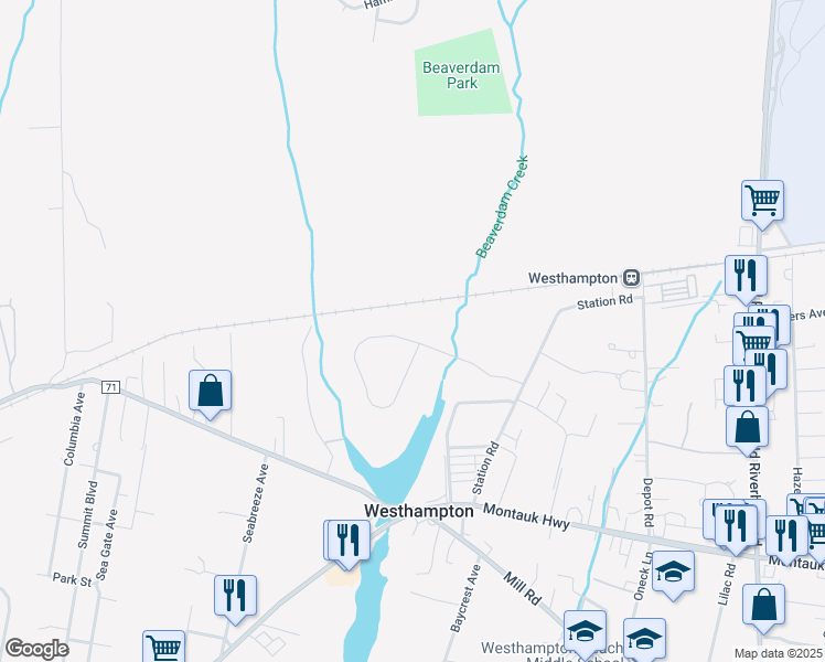 map of restaurants, bars, coffee shops, grocery stores, and more near 26 Lakeside Lane in Westhampton