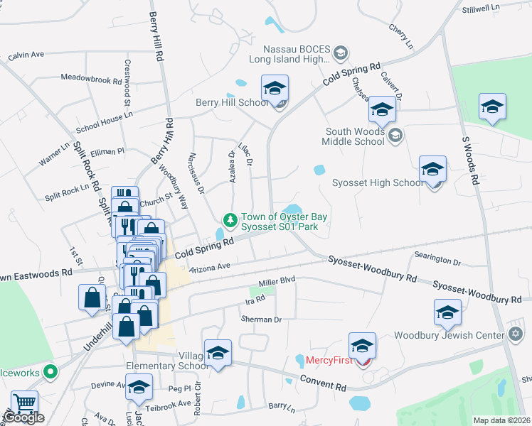 map of restaurants, bars, coffee shops, grocery stores, and more near 141 Cold Spring Road in Syosset