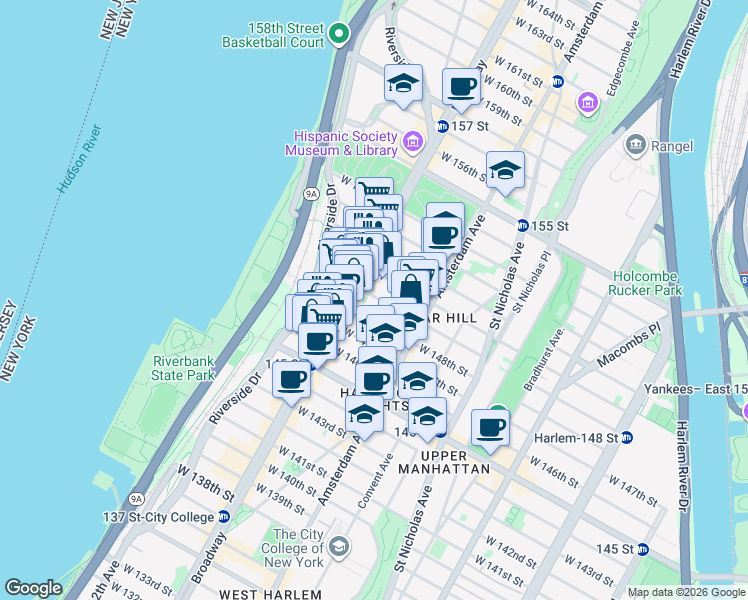map of restaurants, bars, coffee shops, grocery stores, and more near 558 West 149th Street in New York