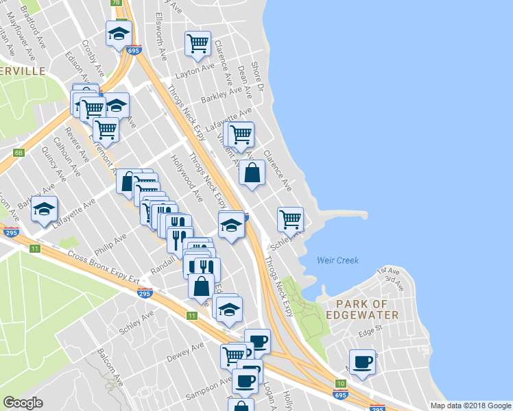 map of restaurants, bars, coffee shops, grocery stores, and more near 3165 Randall Avenue in Bronx