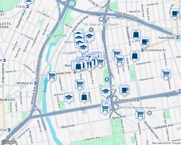 map of restaurants, bars, coffee shops, grocery stores, and more near 1167 Manor Avenue in Bronx