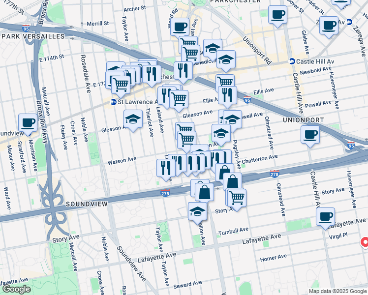 map of restaurants, bars, coffee shops, grocery stores, and more near 1895 Watson Avenue in The Bronx