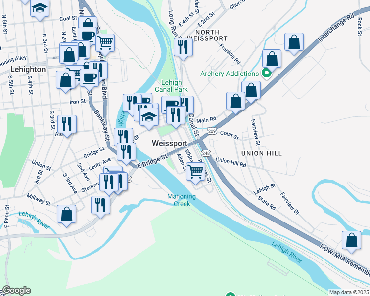 map of restaurants, bars, coffee shops, grocery stores, and more near 284 White Street in Lehighton
