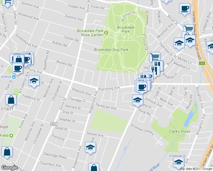 map of restaurants, bars, coffee shops, grocery stores, and more near 5 Glenfield Road in Glen Ridge