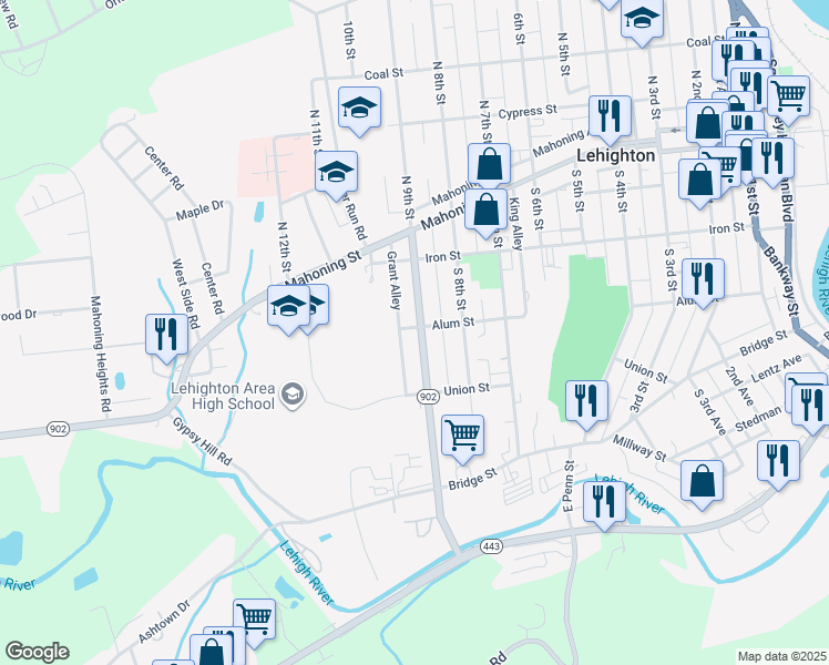 map of restaurants, bars, coffee shops, grocery stores, and more near 300-312 S 9th St in Lehighton