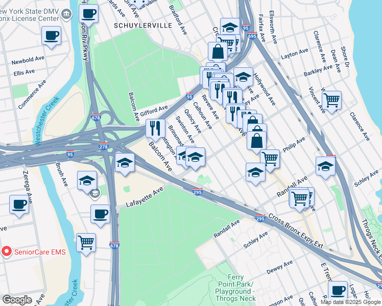 map of restaurants, bars, coffee shops, grocery stores, and more near 928 Brinsmade Avenue in Bronx