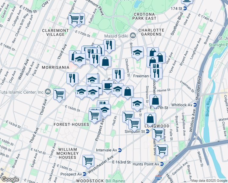 map of restaurants, bars, coffee shops, grocery stores, and more near 1314 Prospect Avenue in Bronx