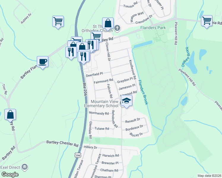 map of restaurants, bars, coffee shops, grocery stores, and more near 12 Falcon Road in Mount Olive