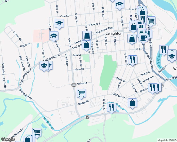 map of restaurants, bars, coffee shops, grocery stores, and more near 308 S 7th St in Lehighton