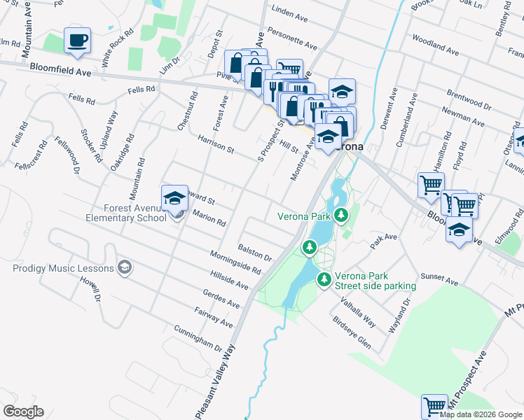 map of restaurants, bars, coffee shops, grocery stores, and more near 8 Peters Lane in Verona