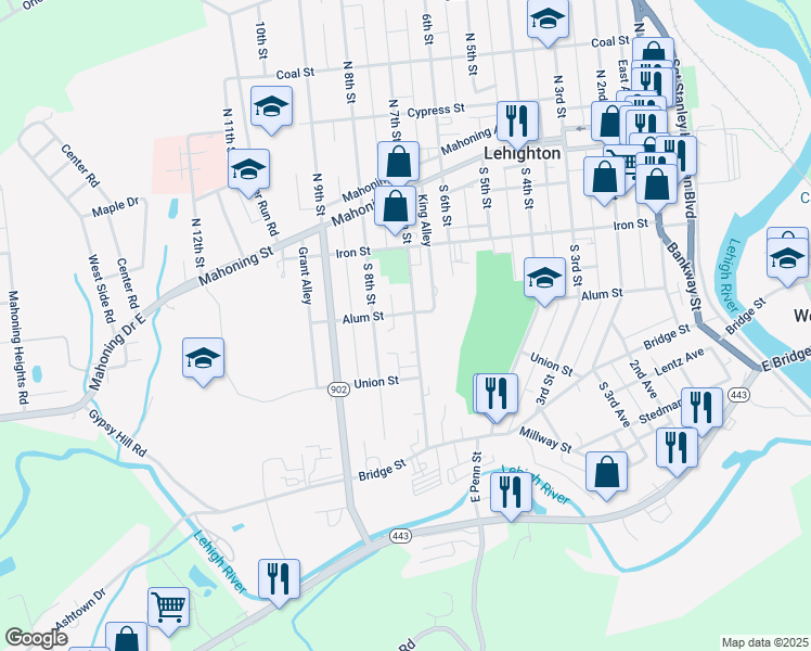 map of restaurants, bars, coffee shops, grocery stores, and more near 308 South 7th Street in Lehighton
