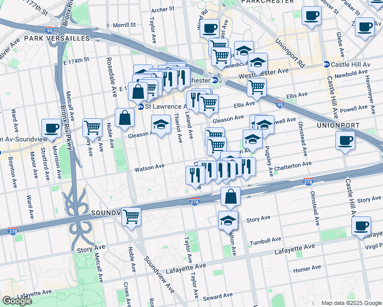 map of restaurants, bars, coffee shops, grocery stores, and more near 1111 Leland Avenue in The Bronx