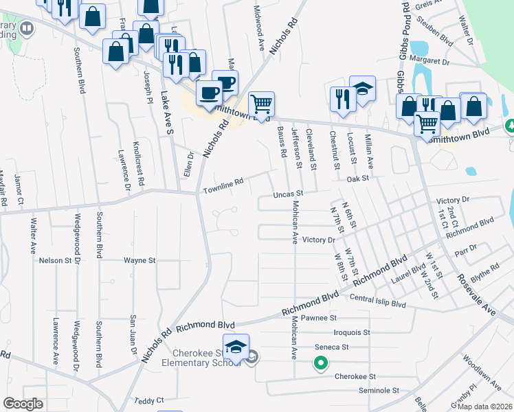 map of restaurants, bars, coffee shops, grocery stores, and more near 103 Longhouse Lane in Ronkonkoma