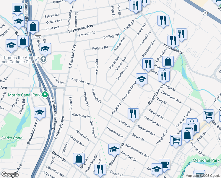 map of restaurants, bars, coffee shops, grocery stores, and more near 132 Stanley Ave in Nutley