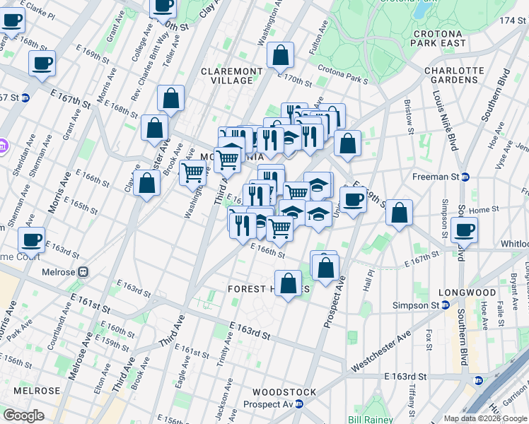 map of restaurants, bars, coffee shops, grocery stores, and more near in The Bronx