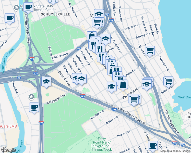 map of restaurants, bars, coffee shops, grocery stores, and more near 2844 Lafayette Avenue in The Bronx