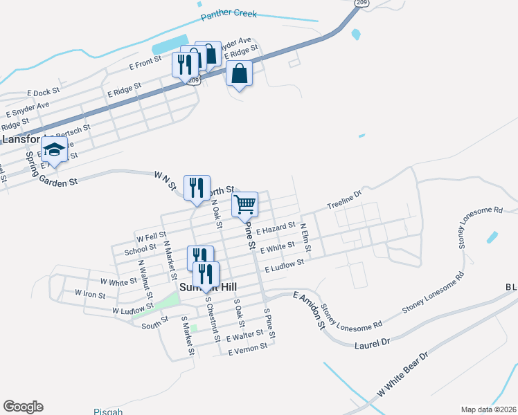 map of restaurants, bars, coffee shops, grocery stores, and more near 200 East Fell Street in Summit Hill
