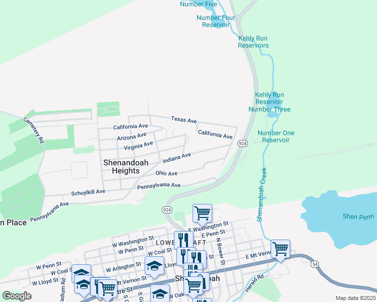 map of restaurants, bars, coffee shops, grocery stores, and more near Delaware Avenue in Shenandoah Heights