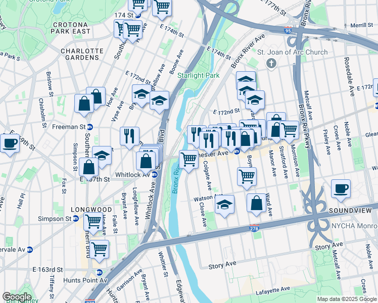 map of restaurants, bars, coffee shops, grocery stores, and more near 1363 Westchester Avenue in The Bronx