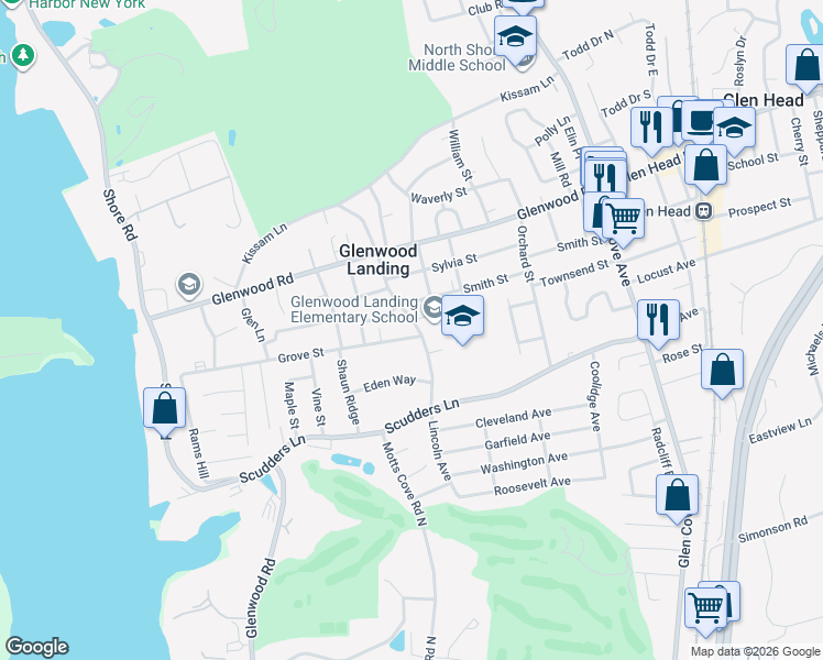 map of restaurants, bars, coffee shops, grocery stores, and more near 12 Grove Street in Glen Head
