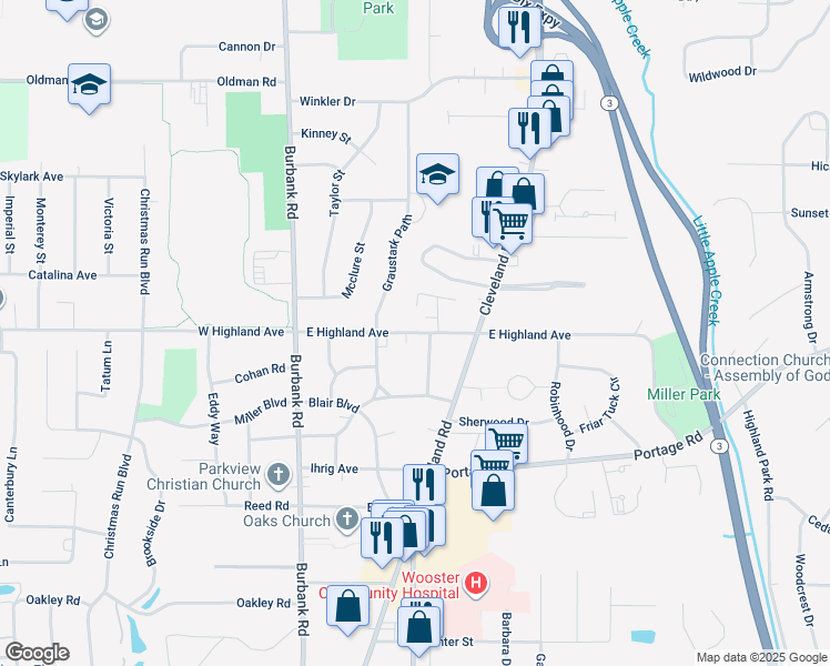 map of restaurants, bars, coffee shops, grocery stores, and more near 443 E Highland Ave in Wooster